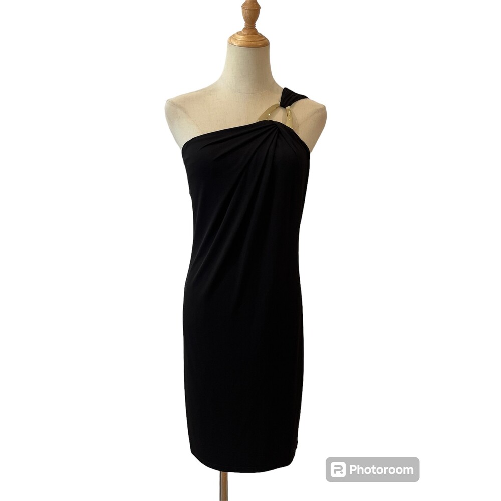 Michael Kors Black One Shoulder Mini Dress Gold XXS Cocktail Night Out - Picture 2 of 8